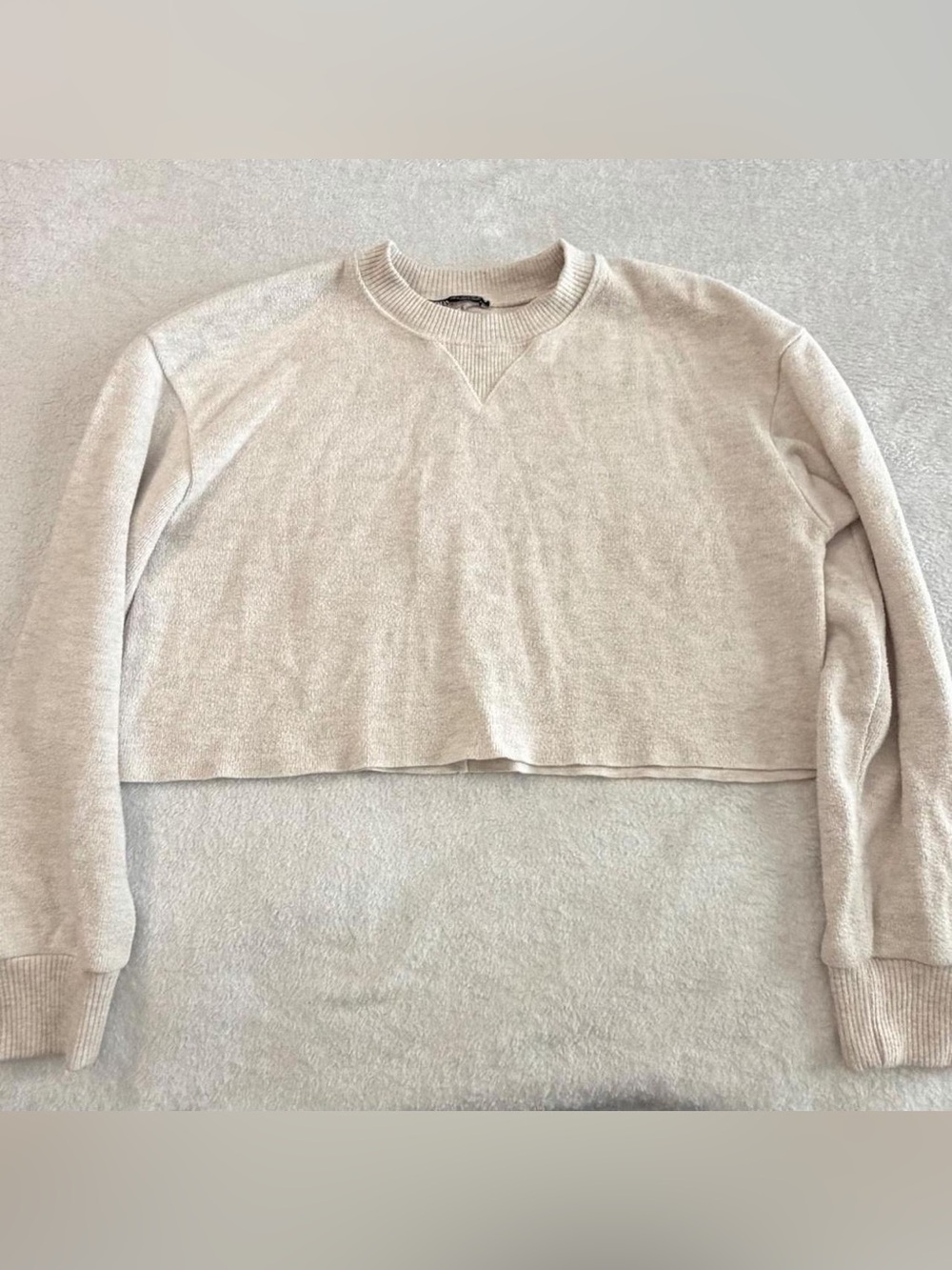 Zara Cream Cropped Knit Sweater Women's Medium Cozy Crewneck Pullover